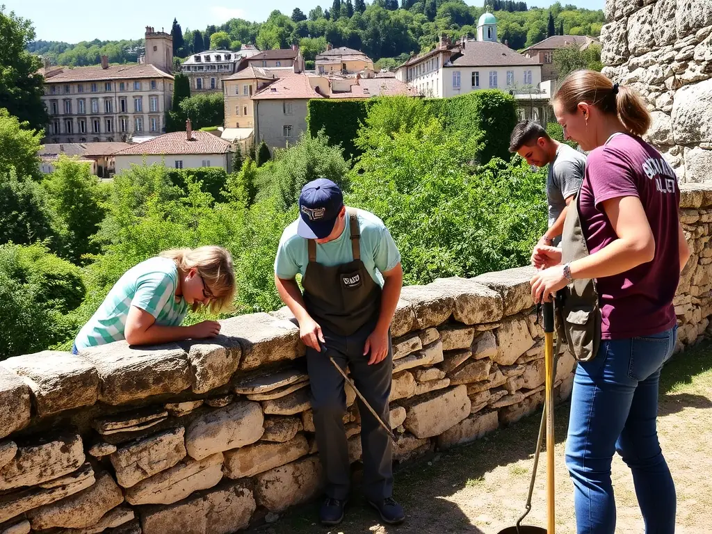 A group of volunteers working on the restoration of a historic stone wall in Verteuil, showcasing the hands-on approach to heritage conservation.