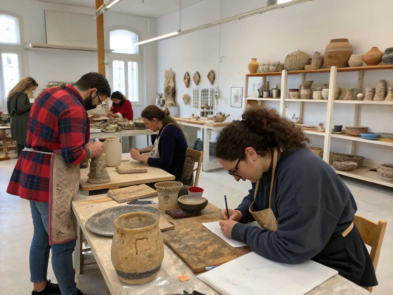 A vibrant scene from a community workshop on traditional crafts, with participants actively engaged in learning and creating.